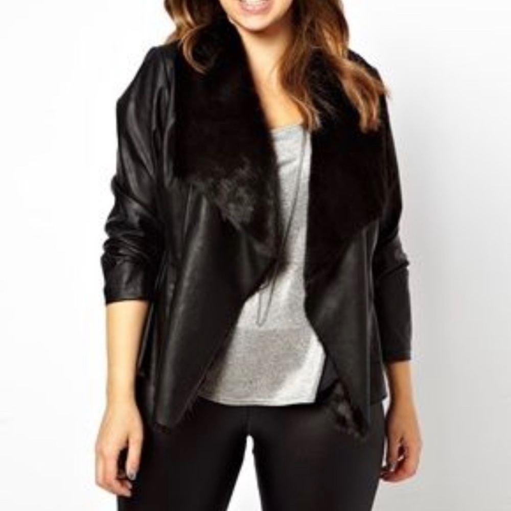 Faux leather jacket with waterfall fur collar